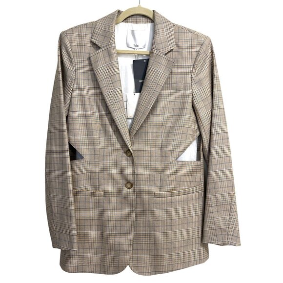 Tibi Blazer Cooper Oversized Cutout Checked Tan Yellow Blue Wool Silk Size 6 NEW - Picture 1 of 13